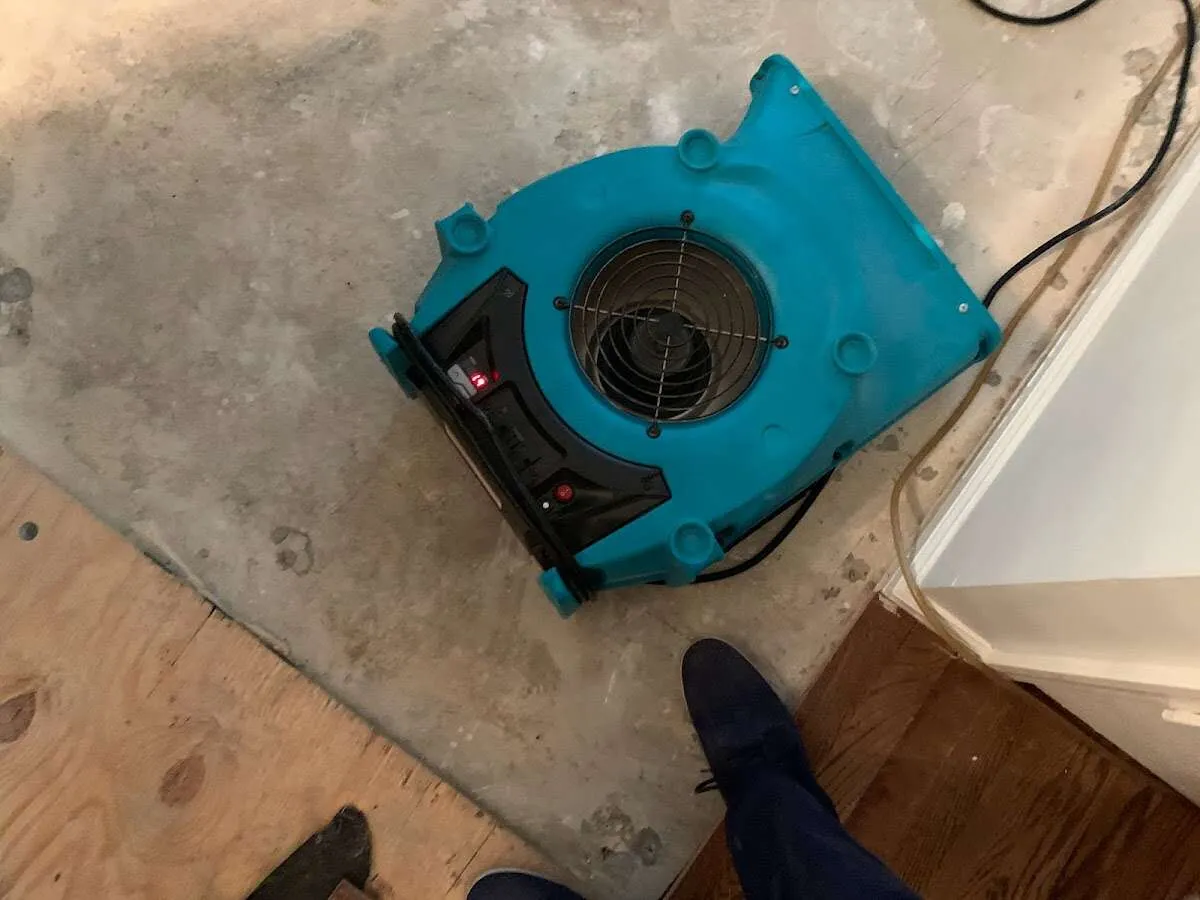 Air mover drying subfloor during Commercial Water Damage Restoration in Waggaman